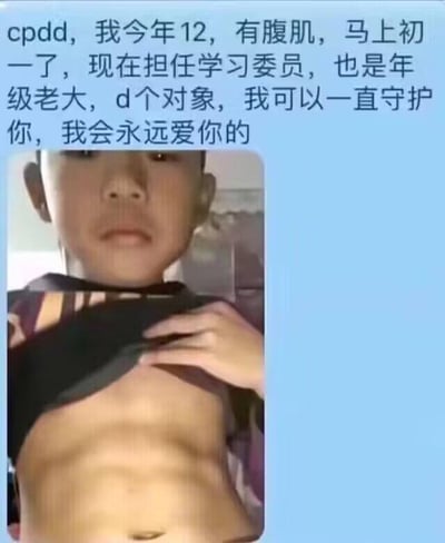 这是一张图文混排的静态单图，上方是一段手写风格的文字：“cpdd，我今年12，有腹肌，马上初一了，现在担任学习委员，也是年级老大，d个对象，我可以一直守护你，我会永远爱你的”，下方是一个小男孩的半身照，男孩掀起自己的上衣，露出腹部，试图展示自己的“腹肌”。图片的笑点在于小学生模仿成年人的征友话术，用自己的年龄、班干部身份、自称的“年级老大”和腹部作为“卖点”来寻找对象，幼稚的身份和成熟的征友行为形成强烈反差，显得滑稽搞笑。图中没有双关、谐音梗（除了网络热词“cpdd”“d个对象”，其中“d”是“找”的谐音，“cpdd”是“处CP滴滴”的缩写，意为找对象）。