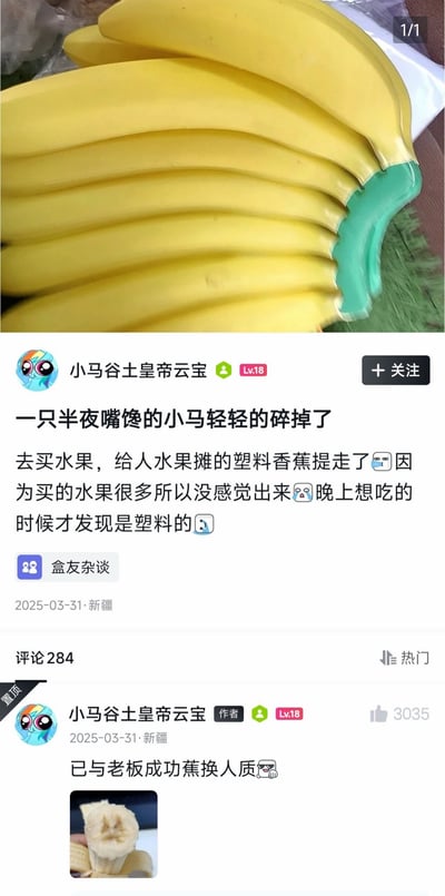 整张图是社交平台的帖子截图，上半部分是一串外观酷似真香蕉的黄色仿真塑料香蕉的实拍图，下半部分是用户“小马谷土皇帝云宝”发布的趣事分享：自己半夜出门买水果，因为采购的商品太多，没留意错把水果摊的塑料香蕉模型当成真的买走了，回到家打算吃香蕉的时候才发现拿错，十分哭笑不得；楼主还在置顶评论更新了后续，称已经回到水果摊和老板换回了真香蕉，还玩谐音梗调侃这次交换是“蕉换人质”，附带了一张咬开的真香蕉的实拍图，整个内容十分搞笑有趣。