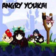图片顶部有醒目的英文标题'ANGRY YOUKAI'，下方是一片绿色草地，草地上站立着多个卡通风格的妖怪角色。角色们造型各异，有的戴着红色帽子，有的有着绿色的发饰，表情多为愤怒或坚定。背景是蓝色的天空和模糊的城市轮廓，整体构图清晰，色彩鲜明，展现了一群愤怒的妖怪形象。