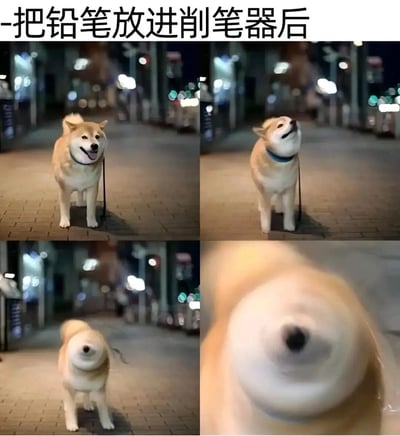 四格拼接图展示一只柴犬在夜间街道上的变化过程：第一格柴犬站立微笑，第二格抬头张望，第三格开始旋转身体，第四格脸部因高速旋转极度模糊。上方文字“把铅笔放进削笔器后”将柴犬的旋转动作比喻成铅笔在削笔器中被转动削尖的过程，通过动物的动态变化制造幽默效果。