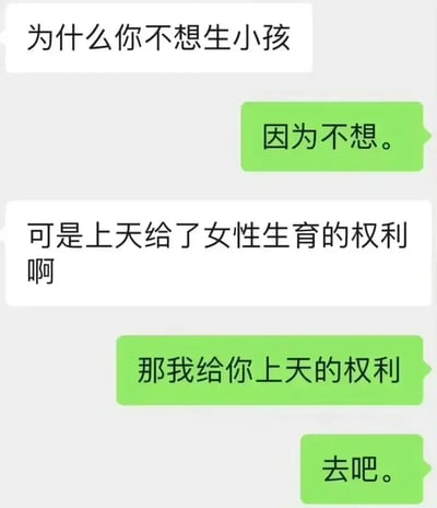 这张梗图展示了一段网络聊天记录，一方质问对方“为什么你不想生小孩”，对方简短回“因为不想”。对方又以“上天给了女性生育的权利”试图说服，另一方则巧妙反击“那我给你上天的权利——去吧”，以文字游戏和反讽展示男女性别议题和自主选择权的重要性，最后有明显的对线语气，是网络常见的反击类“嘴臭”梗。

**有双关和反讽：'上天的权利'和'上天'暗含双关（上天=去天堂=消失）。**