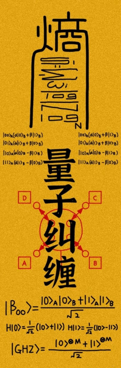 这是一张将硬核量子物理内容与中国传统道教符箓形式结合的创意设计图，背景采用仿传统符箓的黄纸质感。图中顶部以符箓的结构呈现了热力学熵的公式$S=-k\sum_{i}p_i \ln p_i$；中间区域左右两侧列出了量子系统的态矢量表达式，中心位置是醒目的“量子纠缠”大字，搭配示意量子纠缠的A、B、C、D节点图示；下方则依次展示了贝尔态$|\beta_{00}\rangle$、哈达玛变换H的公式，以及GHZ态的表达式，将专业的量子物理知识用极具传统文化辨识度的形式包装，实现了科学与传统文化的趣味碰撞，适合科普传播与爱好者交流。