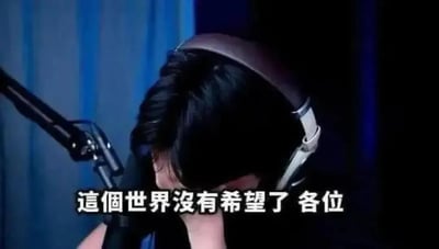 画面中是一名戴着耳机的主播或男生，双手捂脸趴在麦克风前，明显流露出无奈和崩溃的情绪。配有大字繁体字幕：“這個世界沒有希望了 各位”，表达了一种‘心态崩了’、“丧气到极致”的情绪，常用于吐槽现实令人无语、绝望等场景。

未发现明显谐音梗，但“世界没有希望”表达了一种戏谑、夸张的无语态度，带有很强的网络丧文化特征。