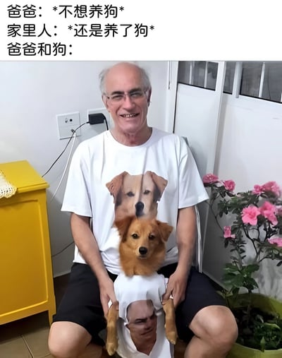 图片上方有三段文字，分别是“爸爸：*不想养狗*”“家里人：*还是养了狗*”“爸爸和狗：”，下方是一位白发戴眼镜的中年男性坐在地上，穿着印有狗脸图案的白色T恤，双手抱着一只棕色的狗，狗则穿着印有该男性脸部图案的白色T恤，两人（狗）表情温馨，背景有黄色柜子和粉色花卉。整体展现了爸爸从最初不想养狗到后来与狗亲密无间的反差萌场景。