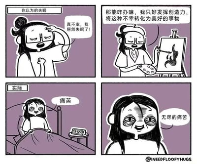 四格连环漫画展现失眠的想象与现实对比。左上格“你以为的失眠”中，戴眼镜、扎丸子头的主角抱头惊呼“真不幸，我居然失眠了！”；右上格主角戴贝雷帽、拿调色盘站在画板前，称“那能咋办嘛，我只好发挥创造力，将这种不幸转化为美好的事物”；左下格“实际”场景中，主角卧床盯着显示3:23的时钟，内心独白“痛苦”；右下格特写主角布满黑眼圈的脸，配文“无尽的痛苦”。通过夸张对比幽默呈现失眠者理想与现实的差距。