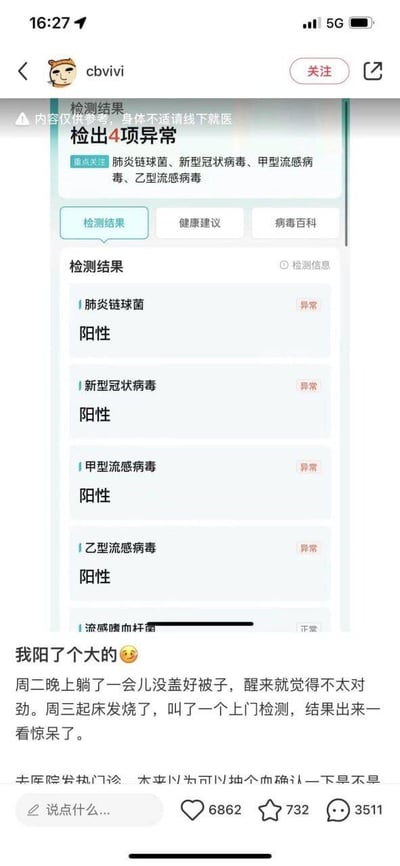 社交媒体用户“cbvivi”发布的帖子截图，内容为一份医疗检测报告显示四项异常，肺炎链球菌、新型冠状病毒、甲型流感病毒、乙型流感病毒均呈阳性。帖子配文“我阳了个大的😅”，并描述周二晚因未盖好被子后感觉不适，周三发烧后进行上门检测，对结果感到震惊。整体呈现用户分享个人健康异常经历的场景，语言口语化，带有自嘲和惊讶的情绪。