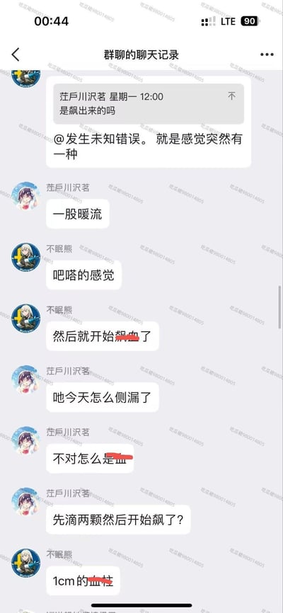 这是一张微信竖屏群聊记录截图，群成员「茳戶川沢茗」和「不眠熊」在交流突发出血的尴尬经历：一开始误以为是生理期侧漏，描述了身体感受到的「一股暖流」「吧嗒的感觉」，随后发现是出血，还提到了「1cm的血柱」等细节，是私密又略带好笑的日常经历分享，没有双关、谐音梗或暗示内容。