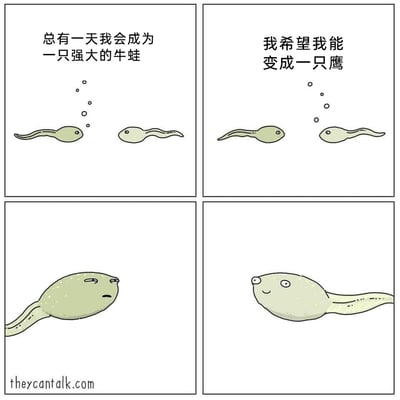 这是一组四格连环卡通漫画，描绘了两只蝌蚪的对话与后续发展。第一格中，深绿色蝌蚪表达了自己想成为强大牛蛙的梦想；第二格中，浅绿色蝌蚪则表示自己希望变成一只鹰；第三格中，深绿色蝌蚪长成了体型变大的蝌蚪，一脸无语地看向对方；第四格中，浅绿色蝌蚪把自己的眼睛调整成类似鹰的样子，一脸得意，用这种无厘头的方式“实现”了自己的不可能的梦想，通过现实与幻想的反差制造出幽默效果。