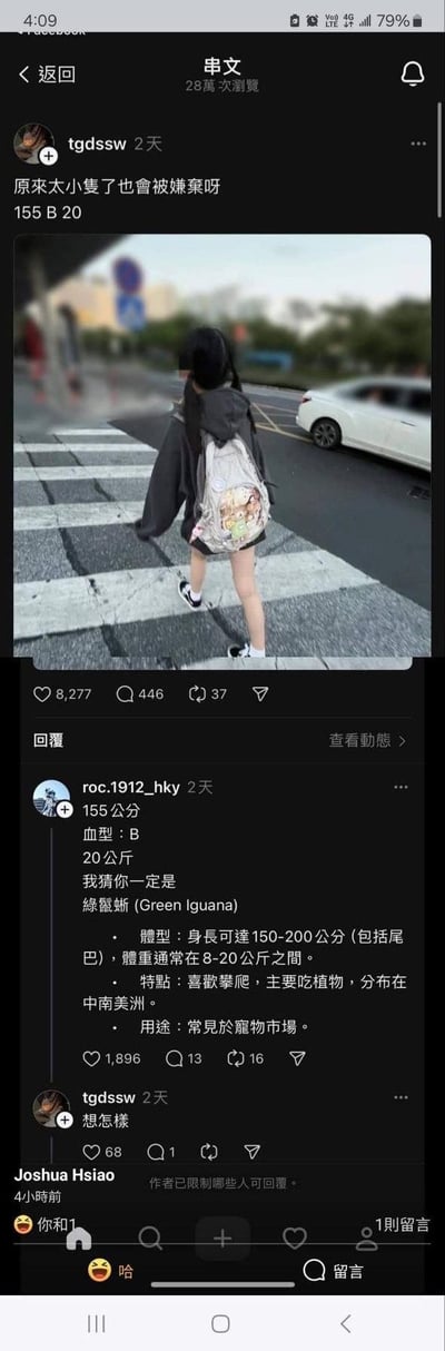 这是一则Facebook脸书的串文截图，楼主tgdssw发布了自己的背影打码图，配文表示自己因为155cm、20公斤的娇小身材被嫌弃，标注了155 B 20（身高、血型、体重）。网友roc.1912_hky玩梗，将楼主的身高体重数据对应到绿鬣蜥的体型参数，调侃楼主像绿鬣蜥，楼主回复“想怎样”表达无奈，另有其他网友参与互动。
玩梗点：用绿鬣蜥的体型范围（身长150-200公分、体重8-20公斤）对应楼主的身高体重，进行搞笑类比，把娇小的人类比作宠物蜥蜴。