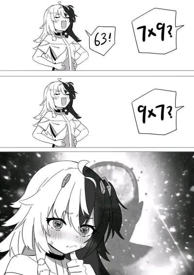 这是一张三格黑白动漫风格的搞笑漫画，描绘了一个头发黑白相间的动漫女孩面对数学问题时的有趣反应。第一格中，女孩自信满满地对“7×9?”的问题回答“63!”；第二格中，当问题变成“9×7?”时，女孩表情变得困惑；第三格则展现了女孩极度痛苦纠结的表情，背景带有戏剧性的光影效果，夸张地表现出她对看似相同的数学问题产生困惑的搞笑场景。