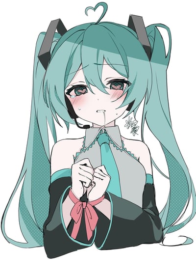 这是一幅VOCALOID虚拟歌手初音未来的原创同人插画，画面中的初音未来保留了标志性的薄荷绿双马尾，头顶的呆毛变成了爱心形状。她双眼噙泪，瞳孔里也印着爱心图案，脸颊泛红，嘴角挂着口水，双手被粉色丝带绑在身前，整体呈现出害羞又带着委屈的软萌状态，没有双关、谐音梗或暗示内容。