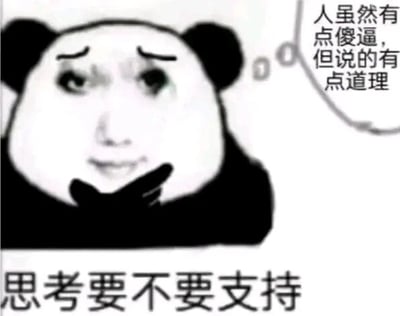 这是一张P图改编的网络静态表情包，采用熊猫头与人脸合成的形象，人物将手放在下巴处，面露纠结、若有所思的神情。图中配有两处文字内容，右上角的气泡文字为“人虽然有点傻逼，但说的有点道理”，底部文字为“思考要不要支持”，生动地表现出人们在面对他人观点时，虽然对对方带有调侃的看法，但又认可其观点合理性，从而陷入纠结是否要选择支持的矛盾情绪，非常适合在社交场景中用来表达这种犹豫、矛盾的心态。