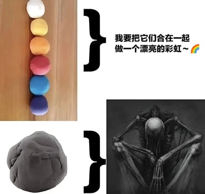 图片由四个部分组成：左上角是六个彩色黏土球（白色、黄色、橙色、红色、蓝色、紫色）整齐排列在木质桌面上；右上角配有文字“我要把它们合在一起做一个漂亮的彩虹～🌈”，表达了制作彩虹的美好期望；左下角是混合后的灰色黏土块，形状不规则且粗糙；右下角是一张黑白骷髅骨架图片，骨架呈现出蜷缩、低头的绝望姿态。通过前后对比，幽默地展现了“期望中的彩虹”与“现实中灰色泥团”的巨大反差，用骷髅形象夸张表现出失败后的崩溃情绪。