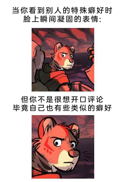 这是一张多图拼接的图文混排表情包，上方配文“当你看到别人的特殊癖好时脸上瞬间凝固的表情：”，搭配一张表情凝固、眼神带着惊讶与微妙嫌弃的拟人老虎角色图，精准还原撞见他人特殊癖好时的第一反应；下方配文“但你不是很想开口评论 毕竟自己也有些类似的癖好”，搭配一张眼神心虚、表情不自然的同款老虎角色图，生动展现了人们此时因为自身也有同款癖好，而不敢开口评论的心虚心态，充满日常自嘲的趣味。