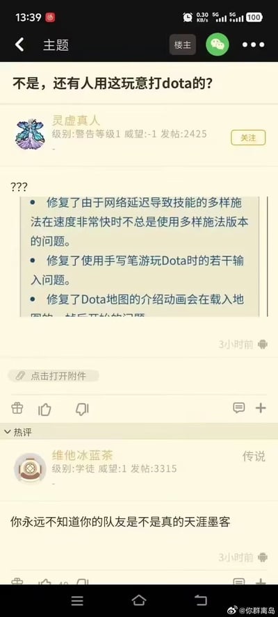 这是一张社交媒体论坛截图，主题帖提问“不是，还有人用这玩意打dota的？”，并引用了一段修复说明，提到“修复了使用手写笔游玩Dota时的若干输入问题”。热评用户“维他冰蓝茶”调侃道“你永远不知道你的队友是不是真的天涯墨客”，利用Dota英雄“天涯墨客”的名称玩梗，暗示队友可能用手写笔像墨客挥毫一样操作游戏。