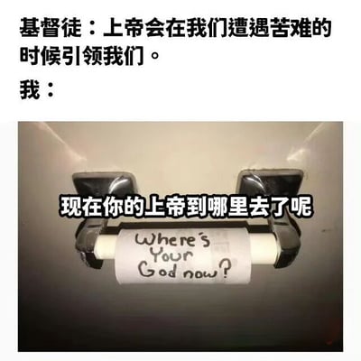 这张梗图通过宗教与日常困境的幽默对比制造笑点。上方文字显示基督徒说："上帝会在我们遭遇苦难的时候引领我们。"，下方则是"我："加上一张卫生纸卷的照片，卫生纸上面写着"Where's Your God now?"，并配有中文字幕"现在你的上帝到哪里去了呢"。这种对比暗示了当遇到卫生纸用完这种尴尬的日常困境时，宗教信仰可能显得无力。