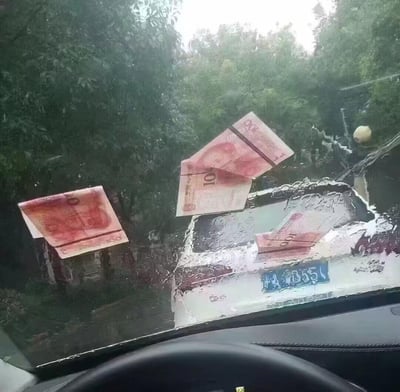 一张从车内拍摄的照片，透过被雨水打湿的挡风玻璃，可以看到几张10元人民币钞票似乎漂浮在车外的空中。背景是绿色的树木，车窗外的景象有些模糊。照片右下角可以看到部分车牌号。这张图片通过后期编辑制造出了钞票漂浮在空中的视觉效果，营造出一种奇特而有趣的场景。