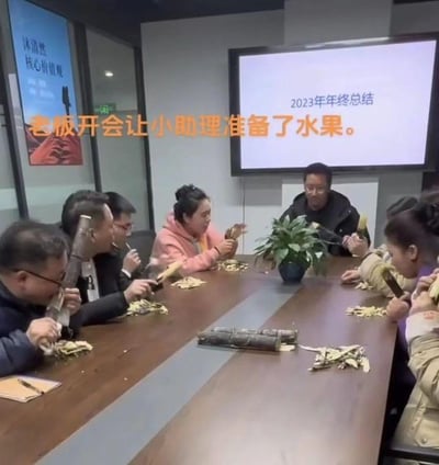 这是一个2023年年终总结会议的场景，原本应该严肃的职场会议上，老板让小助理准备的水果竟然是甘蔗，参会的员工们都围坐在会议桌旁啃着甘蔗，桌上散落着甘蔗皮，画面搭配文字“老板开会让小助理准备了水果”，形成了强烈的反差感，让严肃的会议变得十分接地气又搞笑，用幽默的方式展现了职场里的乌龙小趣事，充满了轻松的氛围。