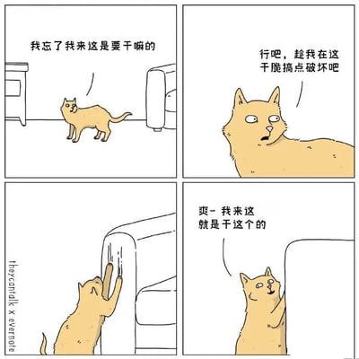 四格漫画描绘了一只橘猫的搞笑日常：第一格中猫咪站在房间里，疑惑地想着“我忘了我来这是要干嘛的”；第二格它眼神变得坚定，决定“行吧，趁我在这干脆搞点破坏吧”；第三格猫咪用爪子用力抓挠沙发；第四格它露出满足表情，恍然大悟“爽~ 我来这就是干这个的”。通过猫咪健忘又调皮的行为，展现了萌宠的可爱与幽默。