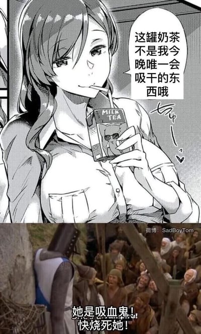 这是一张上下拼接的搞笑梗图，上半部分为黑白动漫风格的女性角色，她手持奶茶盒用吸管饮用，配文“这罐奶茶不是我今晚会吸干的东西哦”，这句话是带有暗示性的双关擦边发言；下半部分是经典喜剧电影《巨蟒与圣杯》的截图，画面中村民群情激奋，对着目标大喊“她是吸血鬼！快烧死她！”。通过上下图的呼应，将上半部分女性的擦边发言刻意误解成吸血鬼的吸血行为，利用荒诞的反差感制造出搞笑的效果。