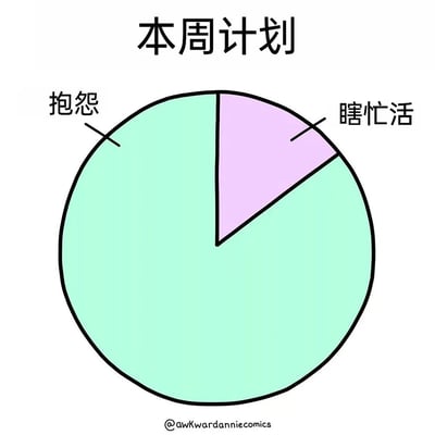 这是一幅风格简约的卡通饼图，标题为“本周计划”，将一周的状态夸张地划分为两部分：占据饼图绝大多数面积的浅绿色区域标注为“抱怨”，仅占小部分的浅紫色区域标注为“瞎忙活”。作品用极具反差的比例，自嘲式地描绘了当代打工人一周的日常，大部分时间都在对工作或生活不满抱怨，仅有少量时间在无意义地忙碌，精准戳中职场人的情绪痛点，充满幽默与共鸣感。