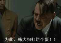 图片为电影《帝国的毁灭》中希特勒发怒场景的截图，属于经典“元首之怒”恶搞 meme。画面中希特勒表情愤怒，正在咆哮，下方配有恶搞中文字幕“为此，韩大狗打烂蛋！！”，通过替换原台词达到幽默搞笑效果，是B站等平台常见的鬼畜文化表现形式。