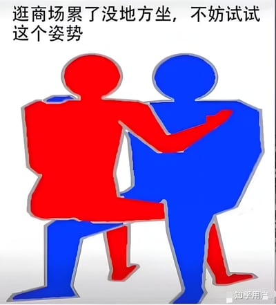 这张图片展现了两个拟人化的红色和蓝色小人以一种幽默的方式彼此交错，形成了“人体椅子”的姿势。顶部文字建议“逛商场累了没地方坐，不妨试试这个姿势”，即指用朋友当椅子坐，调侃商场没有座位时的无奈和自娱自乐。画面简洁、夸张，带有网络整活和戏谑的风格。

该图形象带有双关与暗示：表面讲的是找不到座位时的搞笑替代方案，隐含了夸张的人际互动方式，略带沙雕氛围。