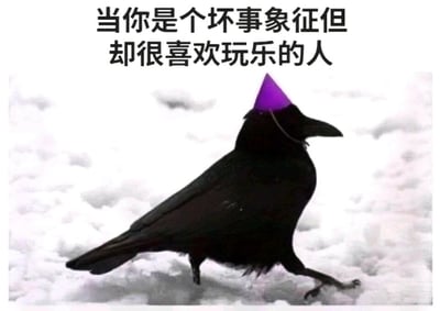 这是一张经过二次创作的静态趣味梗图，画面主体是一只站在积雪地面上的黑色乌鸦，它的头上被人为添加了一顶紫色的派对尖顶帽，乌鸦正迈开一只脚，呈现出行走的姿态。图片上方配有文字“当你是个坏事象征但却很喜欢玩乐的人”，利用乌鸦在大众认知中常被视为厄运、坏事预兆的刻板印象，和它戴着派对帽、看起来轻松欢快的模样形成强烈反差，以此制造幽默效果，调侃那些被外界贴上负面标签，但内心热爱生活、喜欢享受玩乐的人群。