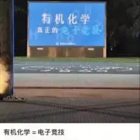 这是一张经过P图改编的户外电子屏幕拍摄图，屏幕上原本的文字被修改为“有机化学 真正的 电子竞技”，图片下方还配有文字“有机化学=电子竞技”。该图以玩梗的方式调侃有机化学学科学习难度极高，如同电子竞技一样需要投入大量精力、具备高超“操作”才能掌握，精准戳中学生群体学习有机化学时的痛点，引发学生的共鸣。