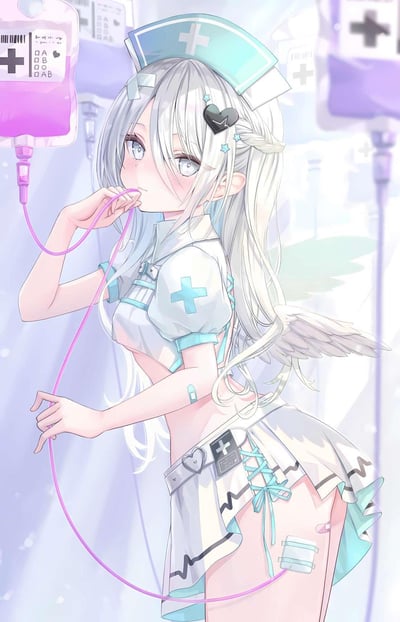这是一幅AI生成的二次元插画，画面主体是一位拥有银白长发、浅灰眼眸的天使少女，她身着带有医疗十字标识的浅蓝白配色护士制服，背后生有小巧的白色羽翼，头戴同色系护士帽。少女脸颊晕着淡淡的红晕，侧身看向镜头，一只手将连接紫色输液袋的管路含在口中，输液袋上标注了A、B、O、AB的血型标识与十字医疗符号，背景是模糊的医院风格场景，整体色调柔和清新，软萌中带着一丝微妙的暧昧感。