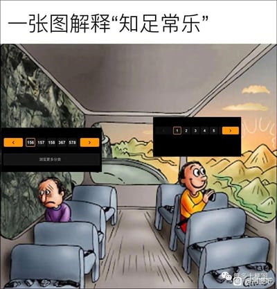 这是一张改编自经典「车厢看风景」的梗图，原梗通过左右乘客窗外不同的风景（左侧峭壁、右侧美景）和不同的神态（愁苦/开心）诠释知足常乐的心态。这张二次创作图在基础上添加了网页分页UI控件：左侧乘客对应的是156、157等大页码，代表着已经走过的繁杂、糟糕的经历；右侧乘客对应的是1、2、3等起始页码，象征着崭新、美好的开始。用分页的隐喻强化了「换个视角看生活，着眼于当下美好就能获得快乐」的道理，生动有趣地诠释了知足常乐的内涵。