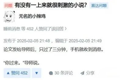 这是一张国内问答社区的页面截图，顶部显示用户提出的问题“有没有一上来就很刺激的小说？”，网名为“无名的小辣鸡”的用户给出了反套路回答，内容为“论文发给导师后，只过了三分钟，手机就收到消息。‘你过来。’导师说。”。该回答共获得452名用户赞同，发布于2025年2月5日，另有30条评论。内容没有直接推荐符合要求的小说，而是用研究生给导师提交论文后短时间内被传唤的真实场景回应“开头刺激”的需求，极具反差感和代入感，很容易引发学生尤其是研究生群体的共鸣，是典型的生活化玩梗内容。