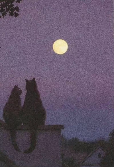 两只猫咪的剪影并排坐在屋顶边缘，共同仰望夜空中明亮的满月。背景是渐变的深紫色夜空，左上角有几片稀疏的树叶剪影，下方隐约可见房屋轮廓，整体营造出宁静、温馨的治愈氛围。
