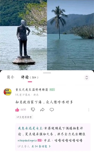 这是一张由左右对比实拍图和哔哩哔哩评论区截图拼接而成的内容图。左图展示了蒋介石的人物雕像被上涨的水位淹没至基座位置，雕像保持着单手叉腰的站立姿态；右图为同一水域的场景，一棵椰子树也被水淹没了树干的大部分区域。下方的评论区中，用户“重生之我在淄博烤蹄筋”发布的热评“知名政治家下海，众人惊呼:水好多”玩了谐音双关梗，将“下海”的传统含义与雕像被水淹的场景结合，获得了6650个点赞，还得到了UP主的点赞；另有用户在评论区留言表示被这个抽象评论逗笑，UP主则以“中正：咕噜咕噜咕噜咕噜”的回复配合玩梗，整体内容充满网络搞笑氛围，利用水位上涨的真实场景创作趣味梗图。