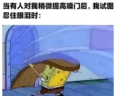 这张梗图上方配有文字“当有人对我稍微提高嗓门后，我试图忍住眼泪时：”，下方是动画《海绵宝宝》中的角色海绵宝宝用一片面包片盖住头部的场景，形象地表现了人们在受到轻微指责时想要隐藏自己委屈情绪的样子。通过海绵宝宝这个可爱的卡通形象和夸张的动作，将日常生活中常见的小情绪幽默化，让人产生共鸣。