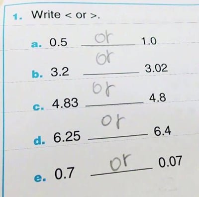 这是一张实拍的小学数学作业照片，题目要求为在左右两个数字中间的横线上填写大于号>或小于号<以完成数字大小比较，题目开头标注“Write < or >”，作答的学生误解了题意，误以为要填写“or”这个单词，因此在所有题目的横线处都填写了“or”，形成了啼笑皆非的错误答案。
