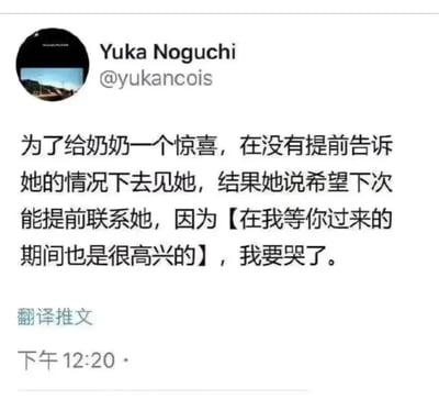 这是一张X平台的推文截图，顶部展示了发布者Yuka Noguchi的账号头像、用户名及账号ID@yukancois，主体内容为翻译后的中文推文：博主原本打算不提前告知便去探望奶奶给她惊喜，奶奶得知后却表示希望下次来可以提前说，因为等待博主到来的那段时间自己也会非常开心，这份温柔的回应让博主十分感动，截图底部标注有“翻译推文”字样及发布时间下午12:20。