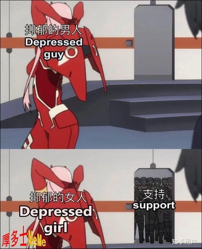 本图采用《Darling in the FranXX》的角色Zero Two动画截图，对比了男性和女性在抑郁时获得的社会支持力度。上半部分描绘了“抑郁的男人”孤单一人，下半部分则是“抑郁的女人”背后有大批写有“支持 support”的士兵团体提供支持。图片以幽默、夸张手法讽刺社会中男女在情感支持上的差异感知，带有性别话题和社交网络典型梗图色彩。

**图片双关/暗示点：** 暗含社会对不同性别心理健康关注度的差异、网络性别梗对比。
