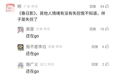 这是一张社交媒体评论区的静态截图，展示了四条用户评论的互动内容。第一条来自广东用户“啊”的评论提到了二次元作品相关的《春日影》和角色祥子，表示不确定其他人情绪是否失控，但认为祥子情绪失控，该评论获得54个点赞；随后天津用户“真昼”、安徽用户“我不是李白”、浙江用户“施广义”均重复评论“还在go”，分别获得16、6、2个点赞，形成了评论区的趣味跟风互动，内容围绕二次元相关梗展开。