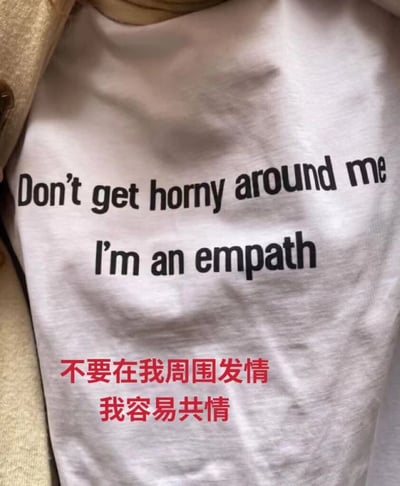 图片展示了一件白色T恤的特写，T恤正面印有黑色英文文字“Don't get horny around me I'm an empath”，下方配有红色中文翻译“不要在我周围发情 我容易共情”。T恤被穿着在一件米色衣物内，领口部分可见米色衣物的边缘，整体呈现出日常穿搭的随意感。文字内容以幽默调侃的方式表达了“作为共情者，不希望周围人有发情表现”的趣味态度。