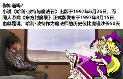 这是一张ACG爱好者自制的趣味玩梗合成图，整体分为上下两部分：上方是文字说明板块，科普了两个不同作品里魔法师角色的“出道时间差”——《哈利·波特与魔法石》小说1997年6月26日出版，东方Project的同人游戏《东方封魔录》1997年8月15日发布，计算后得出哈利·波特作为魔法师的“资历”仅比雾雨魔理沙早50天；下方是画面合成板块，将《哈利·波特》电影中哈利坐在霍格沃茨特快列车座位上、神情落寞看向窗外的场景，与东方Project里雾雨魔理沙的早期像素形象拼合，让两个来自不同IP的魔法师同框，用细微的时间差制造出一种资深魔法师和后辈同处一室的反差趣味，图中没有双关、谐音梗等内容。
