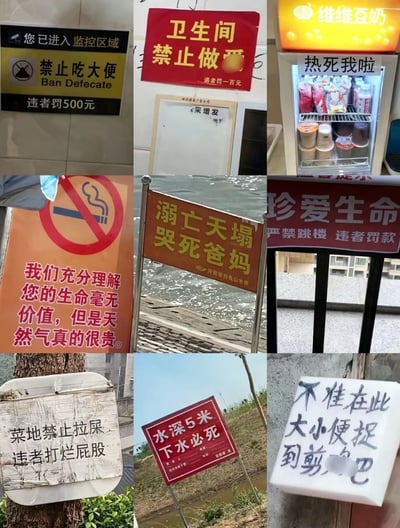这是一张九宫格拼接图，包含9张不同公共场所的搞笑离谱标语照片。内容包括监控区域禁止吃大便（违者罚500元）、卫生间禁止做爱（违者罚一百元）、维维豆奶冰箱上方配文“热死我啦”、禁止吸烟标语旁写“我们充分理解您的生命毫无价值，但是天然气真的很贵”、河边“溺亡天塌哭死爸妈”警示牌、“珍爱生命严禁跳楼违者罚款”、菜地“禁止拉屎违者打烂屁股”、“水深5米下水必死”以及“不准在此大小便捉到剪...吧”等荒诞警告语，整体风格幽默，充满反差感。