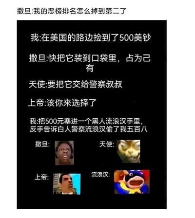 这是一张图文混排的搞笑讽刺梗图，开篇以撒旦疑惑自己的恶榜排名掉到第二为引子，构建了一个道德选择场景：“我”在美国路边捡到500美元后，撒旦给出将钱占为己有的恶意建议，天使则提出交给警察的正确做法，上帝让“我”自主选择。但“我”却做出了远超撒旦建议的恶意操作——把500美元塞给黑人流浪汉，随后向白人警察诬告流浪汉偷了自己580美元。图的下半部分配上了四个对应角色的夸张表情图：撒旦的表情震惊愤怒，天使满脸错愕，上帝露出难以置信的神情，流浪汉则是惊恐万分。这组表情既放大了“我”的操作的恶劣程度，也暗喻了美国社会中存在的种族歧视问题：在白人警察面前，黑人流浪汉极易被冤枉，“我”的操作正是利用了这种社会偏见，其恶意程度足以让撒旦的恶榜排名下降，整体内容兼具搞笑效果与对社会现象的讽刺。