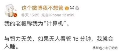 这是一张微博平台的静态单图截图，图中是一位带有V认证的微博用户发布的内容，用户头像是一个浅色头发、面带微笑的卡通人物。发布时间标注为昨天15:25，发布设备为iPhone 12 mini。博主在文案中自嘲被老板称为“计算机”，但并非是夸赞自己智力出众，而是调侃自己只要无人看管15分钟就会睡着，如同计算机在无人操作时进入休眠状态一样，用幽默的方式吐槽打工人的疲惫日常，极易引发职场群体的共鸣。图片右下角带有“头条@小谢乐哈哈”的水印，表明该内容被搬运至今日头条平台进行分享。