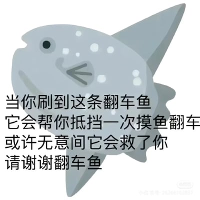这是一张面向职场摸鱼人群的趣味祈福梗图，画面主体是一只设计简洁的浅灰色带白斑点的卡通翻车鱼，鱼身下方配有黑色文字：“当你刷到这条翻车鱼 它会帮你抵挡一次摸鱼翻车 或许无意间它会救了你 请谢谢翻车鱼”。图中利用“翻车鱼”的“翻车”一词，谐音职场摸鱼时可能出现的“翻车”状况（如摸鱼被领导发现、工作进度延误等），打造出能为摸鱼人群“挡灾”的祈福设定，风格轻松诙谐，精准贴合职场人的摸鱼心态，适合在社交平台转发分享，传递希望摸鱼不被抓的美好期许。