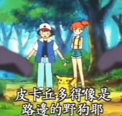 图片为《宝可梦》动画的森林场景截图，画面中有三位角色：戴着红白帽子、穿着蓝色背心的小智，扎着红色马尾、穿着黄色上衣和蓝色短裤的小霞，以及站在两人中间的黄色电气老鼠皮卡丘。图中底部有一行醒目的中文文字：“皮卡丘多得像是路边的野狗耶”，通过夸张的比喻制造幽默效果，调侃皮卡丘数量众多。