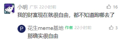 这是一张社交媒体评论区的横屏截图，展示了用户“小明”（IP标注广东，22小时前发布）与创作者“花生meme基地”的趣味互动。小明留言：“我的财富现在就很自由，都不知道跑哪去了”，该评论收获16个点赞；创作者在22小时前回复：“那确实很自由”，收获3个点赞。这段对话用反讽的方式解构了“财富自由”的概念，原本“财富自由”指拥有足够财富可自主支配，此处调侃自身财富“自由”到不知所踪，实则是自嘲没有钱，创作者的回复精准呼应了这个搞笑的反向梗，形成轻松幽默的互动效果。