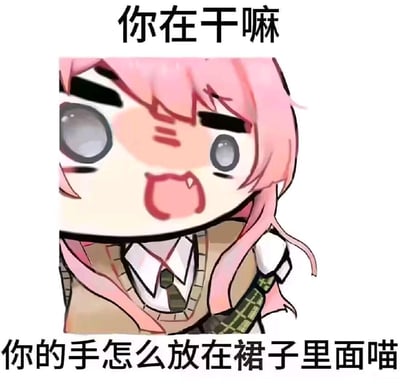 这是一张网友二次创作的Q版卡通表情包，原型是《BanG Dream! It's MyGO!!!!!》中的千早爱音。图中角色有着粉色长发，身穿校服，瞪大双眼、脸颊泛红，嘴巴大张露出小尖牙，摆出激动质问的神态。图上方配文“你在干嘛”，下方配文“你的手怎么放在裙子里面喵”，用软萌的“喵”后缀搭配抓马的质问内容，形成反差感，制造出搞笑的玩梗效果，适合在朋友聊天时用来调侃、整蛊。
