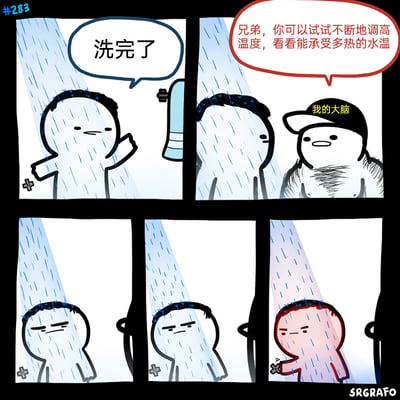 这是一则编号为#283的四格搞笑卡通漫画，内容围绕日常淋浴场景展开：第一格中，一个卡通淋浴者表示自己洗完澡了；第二格，标注为“我的大脑”的戴帽卡通角色出现，怂恿淋浴者不断调高水温，测试自己能承受的最高温度；第三到第五格，淋浴者听从了这个提议，逐渐调高水温，表情从轻松变得痛苦，最后整个人被高温水烫得满脸通红，用夸张的方式还原了人们生活中偶尔会被大脑冒出的无厘头作死念头支配，最后自讨苦吃的搞笑瞬间。