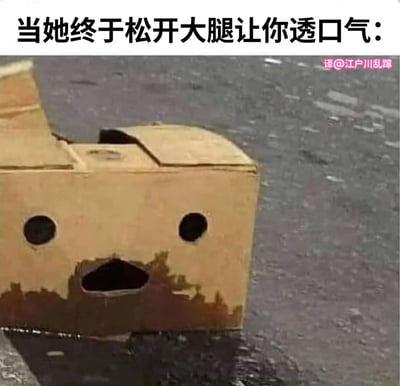 一张幽默梗图，上方配有文字“当她终于松开大腿让你透口气:”，下方是一个放在柏油路上的纸箱。纸箱上有两个圆形孔洞（类似眼睛）和一个不规则的大洞（类似张开的嘴巴），整体造型像一个正在大口喘气的表情，用拟人化的纸箱形象来幽默表现松了一口气的状态。